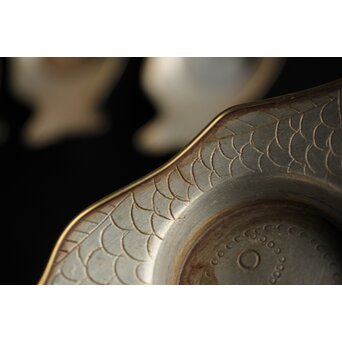 唐物 朱石梅製 魚型真鍮覆輪 錫茶托 6客1組　M401 