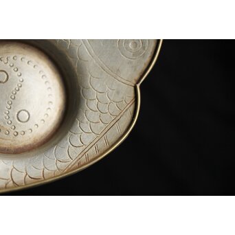 唐物 朱石梅製 魚型真鍮覆輪 錫茶托 6客1組　M401 