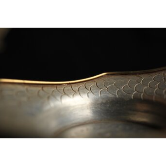 唐物 朱石梅製 魚型真鍮覆輪 錫茶托 6客1組　M401 