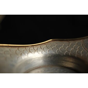 唐物 朱石梅製 魚型真鍮覆輪 錫茶托 6客1組　M401 