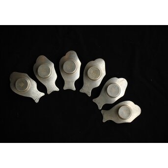 唐物 朱石梅製 魚型真鍮覆輪 錫茶托 6客1組　M401 