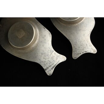 唐物 朱石梅製 魚型真鍮覆輪 錫茶托 6客1組　M401 
