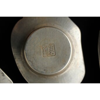 唐物 朱石梅製 魚型真鍮覆輪 錫茶托 6客1組　M401 