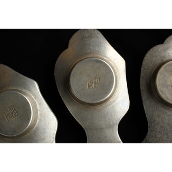 唐物 朱石梅製 魚型真鍮覆輪 錫茶托 6客1組　M401 