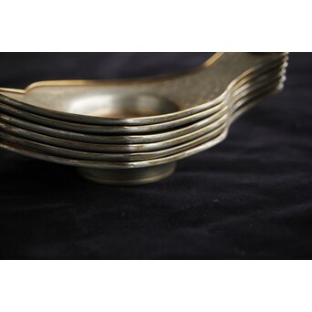 唐物 朱石梅製 魚型真鍮覆輪 錫茶托 6客1組　M401 