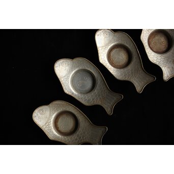 唐物 朱石梅製 魚型真鍮覆輪 錫茶托 6客1組　M401 