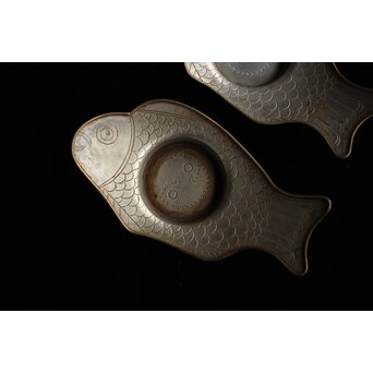 唐物 朱石梅製 魚型真鍮覆輪 錫茶托 6客1組　M401 