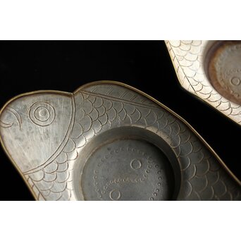 唐物 朱石梅製 魚型真鍮覆輪 錫茶托 6客1組　M401 