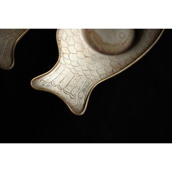 唐物 朱石梅製 魚型真鍮覆輪 錫茶托 6客1組　M401 