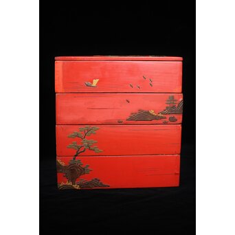 琉球王朝時代 堆錦 朱漆山水楼閣段重　Q353 