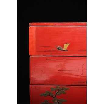 琉球王朝時代 堆錦 朱漆山水楼閣段重　Q353 