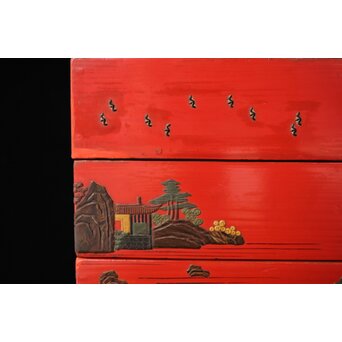 琉球王朝時代 堆錦 朱漆山水楼閣段重　Q353 