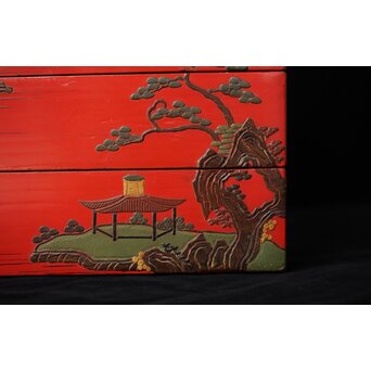 琉球王朝時代 堆錦 朱漆山水楼閣段重　Q353 