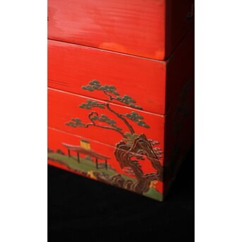 琉球王朝時代 堆錦 朱漆山水楼閣段重　Q353 