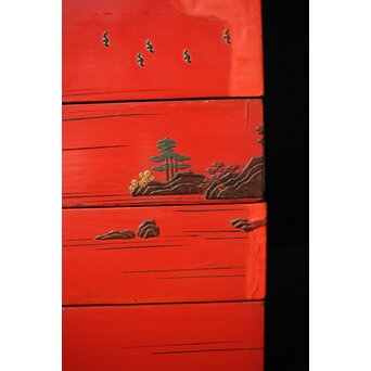 琉球王朝時代 堆錦 朱漆山水楼閣段重　Q353 