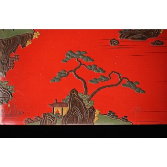 琉球王朝時代 堆錦 朱漆山水楼閣段重　Q353 