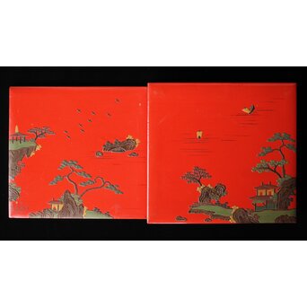 琉球王朝時代 堆錦 朱漆山水楼閣段重　Q353 