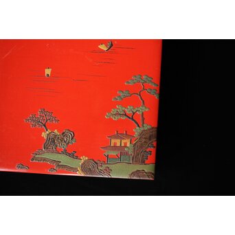 琉球王朝時代 堆錦 朱漆山水楼閣段重　Q353 