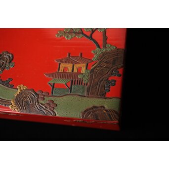 琉球王朝時代 堆錦 朱漆山水楼閣段重　Q353 