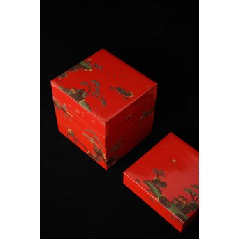 琉球王朝時代 堆錦 朱漆山水楼閣段重　Q353 