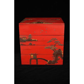 琉球王朝時代 堆錦 朱漆山水楼閣段重　Q353 