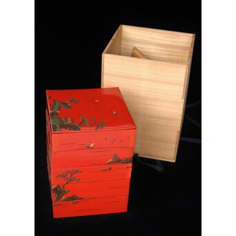 琉球王朝時代 堆錦 朱漆山水楼閣段重　Q353 