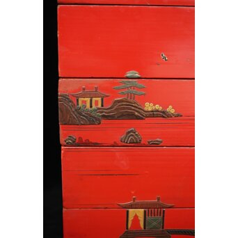 琉球王朝時代 堆錦 朱漆山水楼閣段重　Q353 