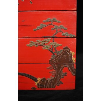 琉球王朝時代 堆錦 朱漆山水楼閣段重　Q353 