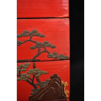 琉球王朝時代 堆錦 朱漆山水楼閣段重　Q353 