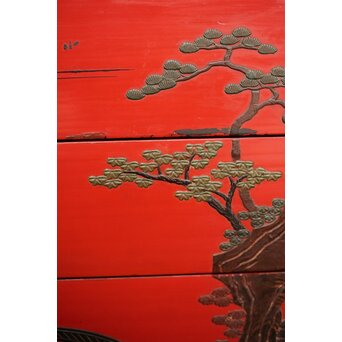 琉球王朝時代 堆錦 朱漆山水楼閣段重　Q353 