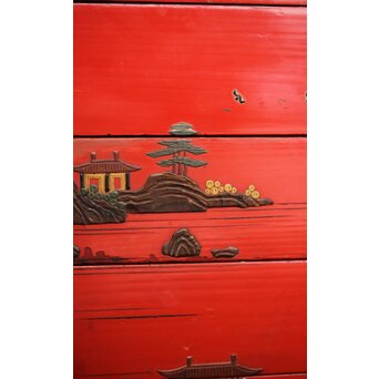 琉球王朝時代 堆錦 朱漆山水楼閣段重　Q353 