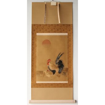 刺繍画 群鶏図 掛軸　Z479