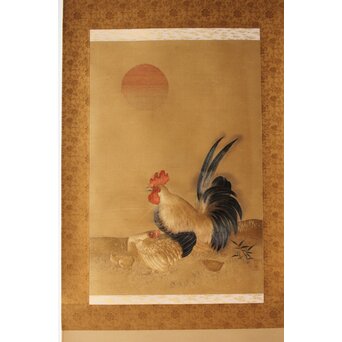 刺繍画 群鶏図 掛軸　Z479 