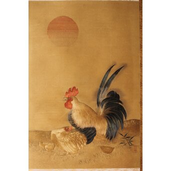 刺繍画 群鶏図 掛軸　Z479 