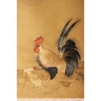 刺繍画 群鶏図 掛軸　Z479 