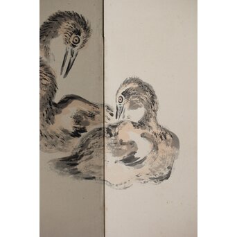 渡辺小崋 群鶴図 紙本屏風一双　Z481 