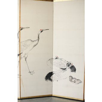 渡辺小崋 群鶴図 紙本屏風一双　Z481 