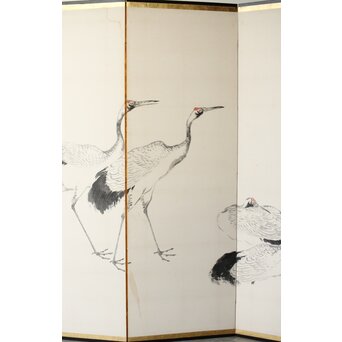 渡辺小崋 群鶴図 紙本屏風一双　Z481 