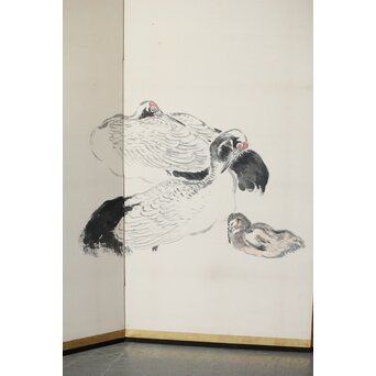 渡辺小崋 群鶴図 紙本屏風一双　Z481 
