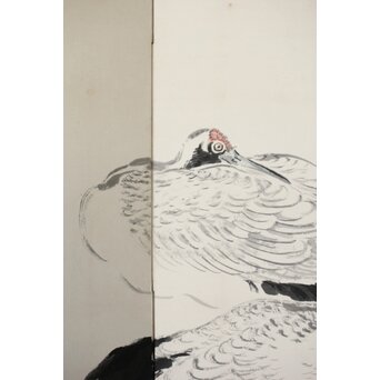 渡辺小崋 群鶴図 紙本屏風一双　Z481 