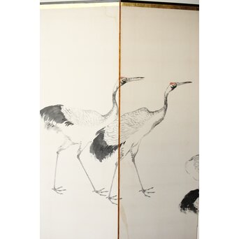 渡辺小崋 群鶴図 紙本屏風一双　Z481 