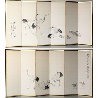 渡辺小崋 群鶴図 紙本屏風一双　Z481