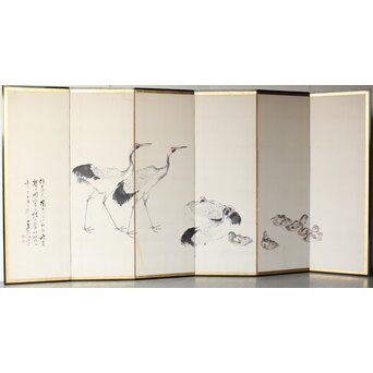 渡辺小崋 群鶴図 紙本屏風一双　Z481 