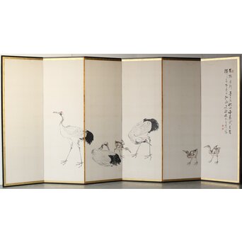 渡辺小崋 群鶴図 紙本屏風一双　Z481 