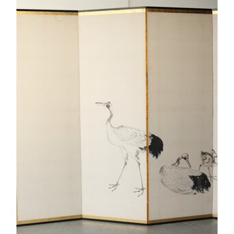 渡辺小崋 群鶴図 紙本屏風一双　Z481 