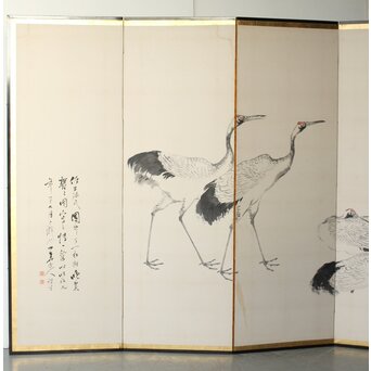渡辺小崋 群鶴図 紙本屏風一双　Z481 