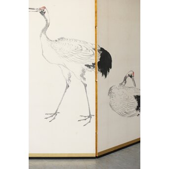 渡辺小崋 群鶴図 紙本屏風一双　Z481 