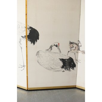 渡辺小崋 群鶴図 紙本屏風一双　Z481 