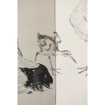 渡辺小崋 群鶴図 紙本屏風一双　Z481 