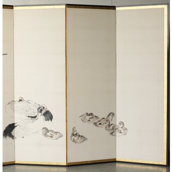 渡辺小崋 群鶴図 紙本屏風一双　Z481 